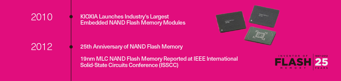 2010:KIOXIA Lanza los Módulos de Memoria Flash NAND Incrustados más Grandes de la Industria 2012:25.o Aniversario de la Memoria Flash NAND/Memoria Flash MLC NAND de 19 nm Informada en la Conferencia Internacional de Circuitos de Estado Sólido (ISSCC) del IEEE