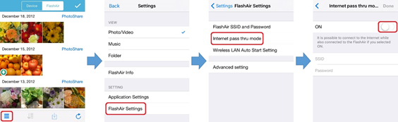 Open "Settings" > "FlashAir Settings" > "Internet pass thru mode" and then you can check and/or change the mode.